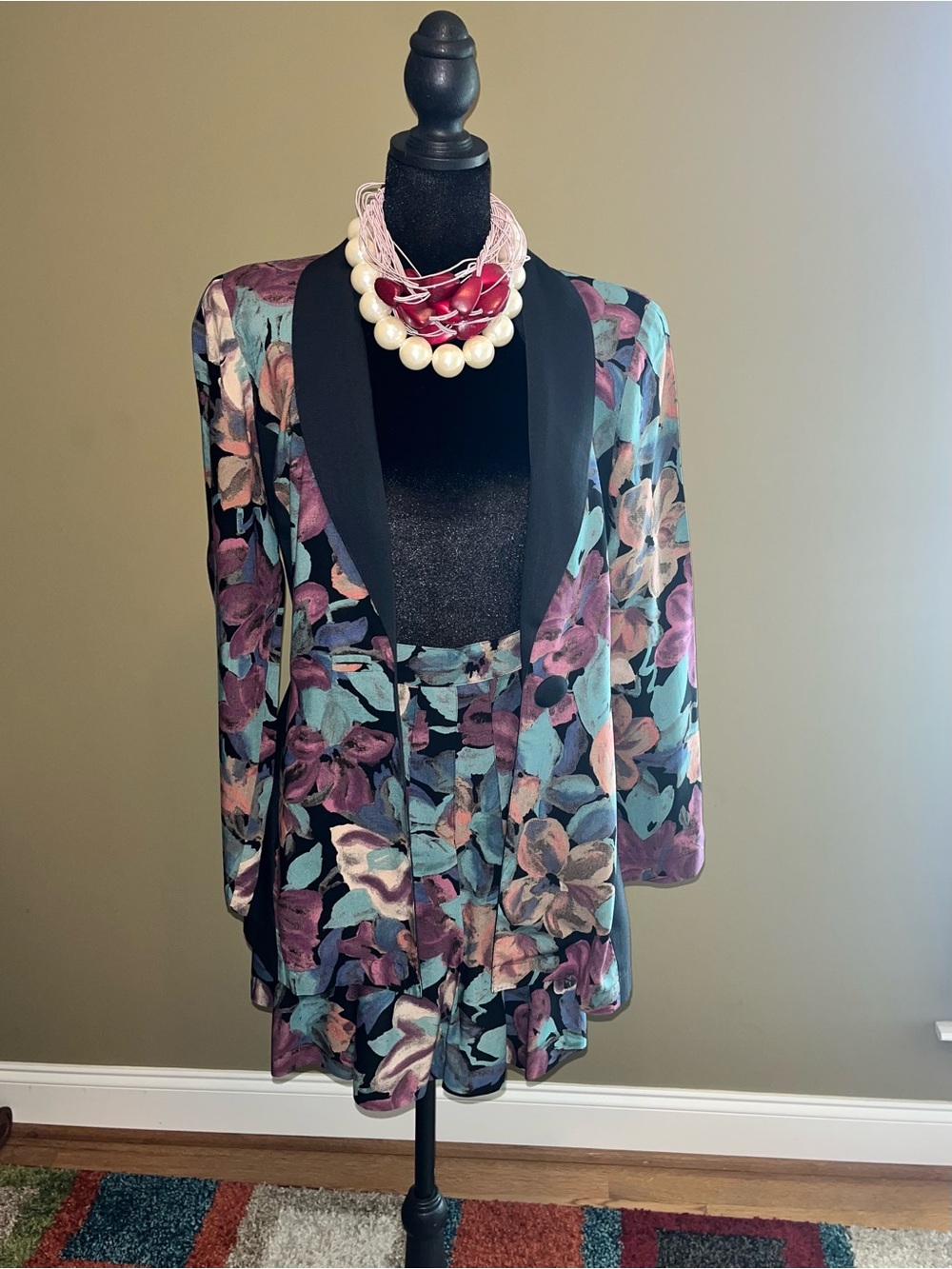 Floral Open-Front Blazer with Black Shawl Lapel - Teal & Purple
